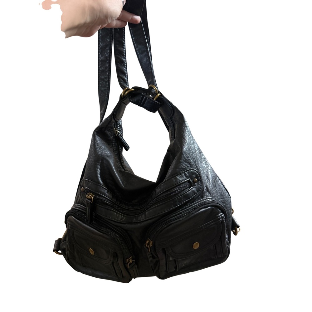Ampere Creations Black Vegan Leather Multi Pocket Convertible Backpack Purse Bag